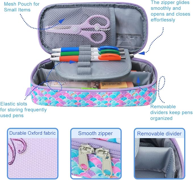 RHCPFOVR Kids Pencil Case for Girls-Soft Zipper Large Capacity Pencil Pouch for Girls Pencil Case for School Pencil Bag for Toddler (Purple Mermaid)