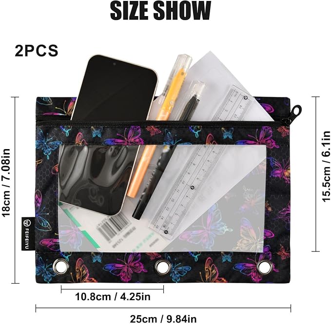 Binder Pencil Pouches Neon Color Butterflies Pen Case | Clear Window 3 Rings, Cosmetic Bags School Office Supplies Cosmetic Makeup Bag 2 Psc