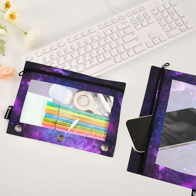 Starry Galaxy Pencil Pouch Fits Standard 3-Ring Binders, Zipper Binder Pencil Bag with Clear Window for Class Office 2 Pack