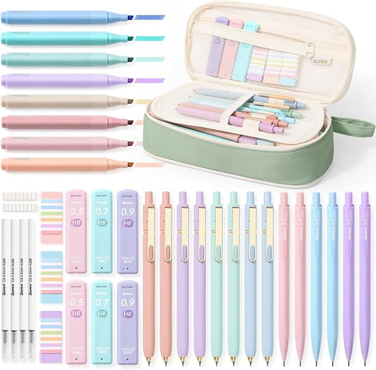 SUNEE 54PCS Aesthetic Stationery Set with Cute Pencil Case, 8 Color Pastel Highlighters, 8 Black Gel Pens, 6 Mechanical Pencils & Refills, College School Supplies for Students Girls Green