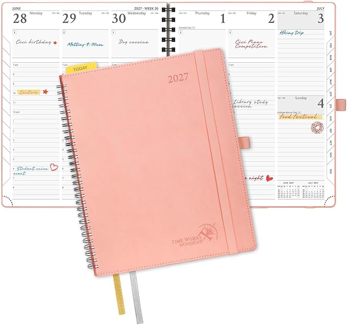 POPRUN 2027 Planner, 8.5'' x 10.5'', Weekly and Monthly Daily Calendar Book | 2027 Agenda(Jan - Dec) Appointment Book with Hourly Time Slots, Monthly Tabs, 100GSM, Spiral Leather Cover - Pink