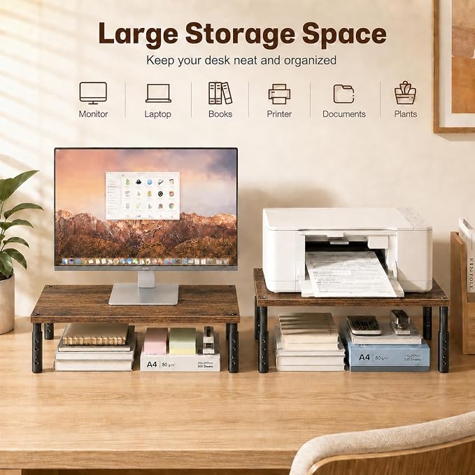 OPNICE Adjustable Monitor Stand Riser for Desk, Computer & Laptop Stand, Desk Organizers and Accessories, Office Desk Accessories & Workspace Organizer for Home Office, Brown Wood