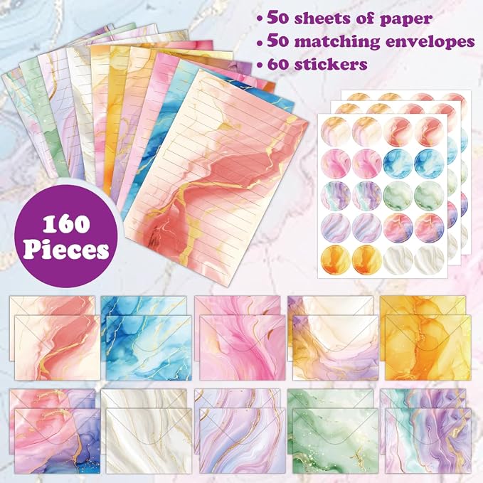 FUNCLASS 160 Pcs Marble Stationery Set Letter and Envelopes | 50 Lined Stationery Paper and 50 Matching Envelopes , 5.5 x 8.25 Inches Letter Writing Stationery for Home, Office, School