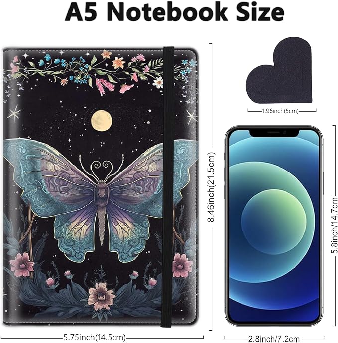 A5 Leather Lined Journal Notebook, 200 Pages Hardcover Executive Notebook for Men Women Office School Note Taking, Thick Writing Paper Daily Journal with Bookmarks/Indexes, Moth Moon