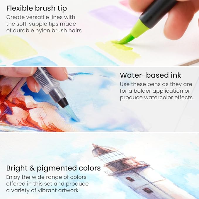 ARTEZA Real Brush Pens, 12 Watercolor Pens, Drawing Markers with Flexible Brush Tips, Watercolor Markers for Artists, and Beginners