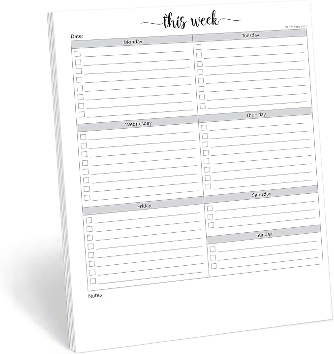 321Done Weekly Checklist Notepad, 8.5x11 Large Letter-Size Desk Pad - 50 Tear-Off Sheets, Undated Monday-Sunday Schedule, Daily Task Planner for Home, Office & Student Use - Made in USA