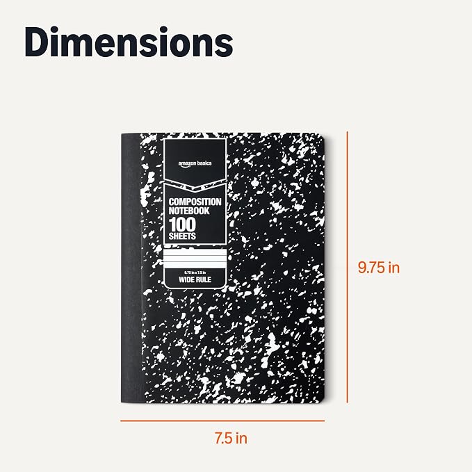 Amazon Basics Composition Notebook, Wide Ruled, 100 Sheets, 9.75" x 7.5", Marble Black, Sturdy Cover with Conversion Charts, for School, Home, and Office Use, 4-Pack