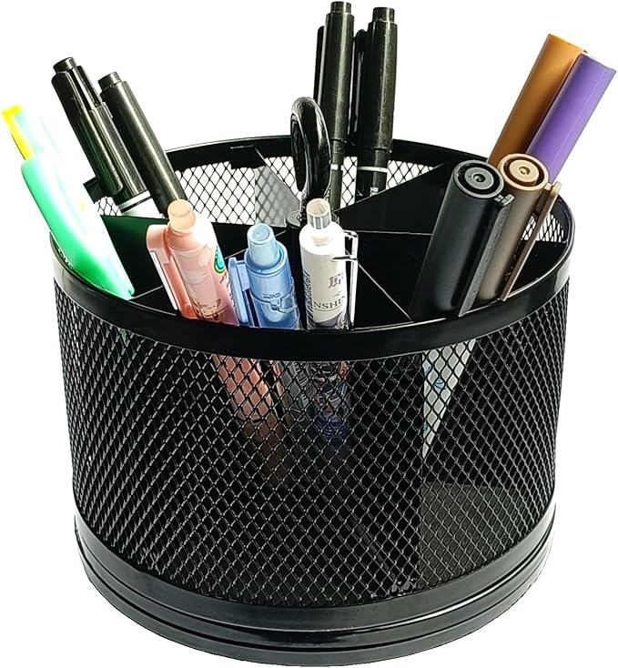 SETTFRFE Mesh Rotating Pen Holder for Desk, Black, 6-Slot | Large Pen Container with Handle, Multi-Functional Desk Organizer for Office Supplies, Art Tools & Makeup Brushes