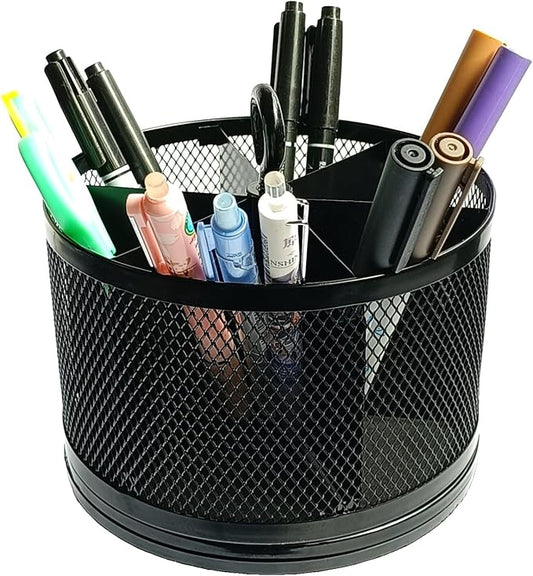 SETTFRFE Mesh Rotating Pen Holder for Desk, Black, 6-Slot | Large Pen Container with Handle, Multi-Functional Desk Organizer for Office Supplies, Art Tools & Makeup Brushes
