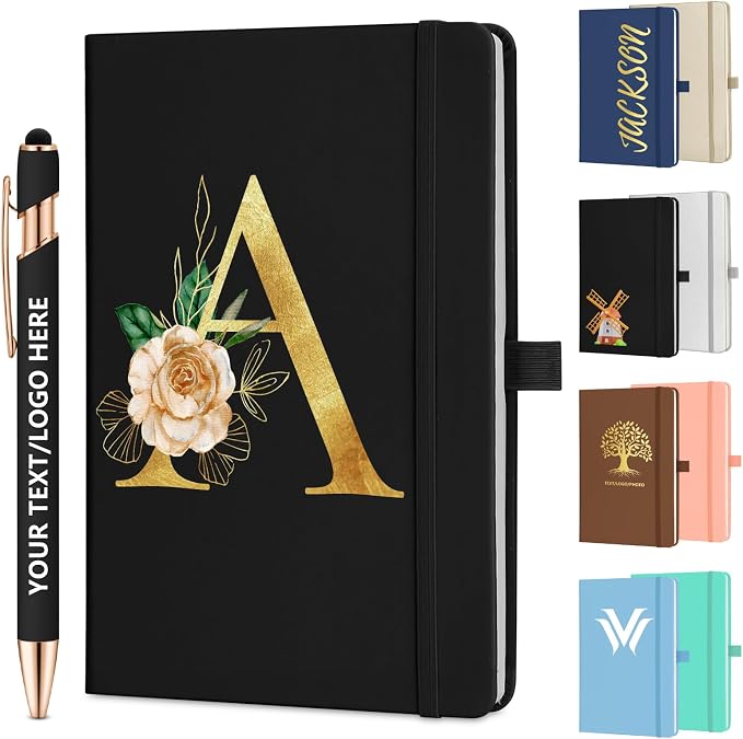 ENOMY Personalized Notebook Journal & 10 PC Pens Gift Set Custom Notebook A5 200 Pages A5 Lined Journal for Men Women Hardcover Notebooks for Work College Graduation Gifts, Black