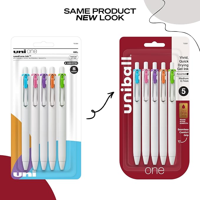 uniball™ one Gel Pens, Medium Point (0.7mm), Assorted Ink, 5 Pack | Ink stays on top of paper fibers for crisp vivid lines, wire pocket clip, color indicator top, smooth barrel & rubber grip