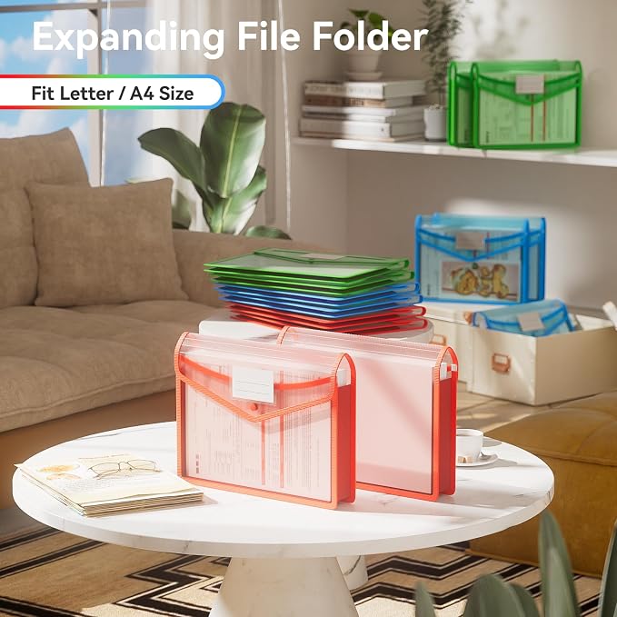 ABC life 6-Pack Plastic Expanding File Folder, Translucent Envelopes with Snap Closure, Large Capacity, Assorted Colors, Large Capacity, Fits Letter/A4 Size - RGB Color