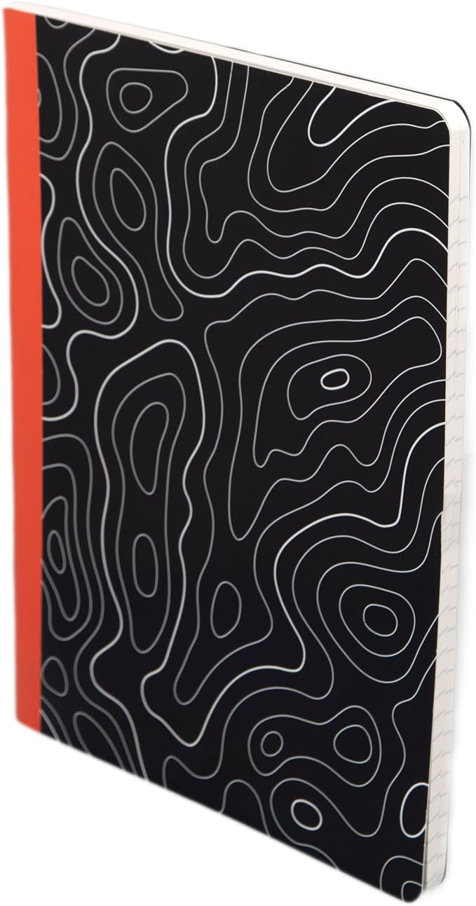 Pearhead Topographic Map Composition Notebook — College-Ruled, 160 Pages, 7.5" x 9.75", Smooth 80 GSM Paper, Black & White Contour Line Cover with Bold Red Spine Journal for School, Office & Everyday Writing