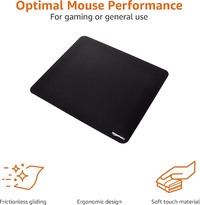 Amazon Basics Large Square Computer Mouse Pad, Cloth and Rubberized Base, 17.7L x 15.7W inches, Black