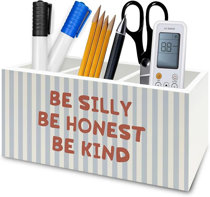 Inspirational Pen Pencil Holder Organizer for Desk, Be Silly Honest Kind Motivational Blue Striped Wooden Box Signs Decorations for Kids Nursery Room Bedroom Desk Tabletop, Inspirational Gifts