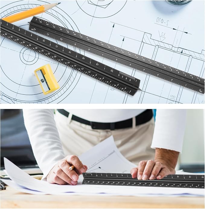 10 Pcs Architectural Scale Ruler 12" Imperial Architect Engineers Scale Triangular Ruler Aluminum Alloy Metal Triangle Drafting Rulers Measuring Tools for Architect Engineer Draftsman Artists (Black)