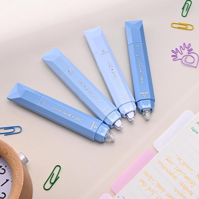 Temiary 4 Pcs 2 in 1 White Correction Tape and Double Sided Roller Set, Aesthetic Smooth Pull Out Tapes with Adhesive Glue Tape Roller Runner for School Office Supplies (Blue)