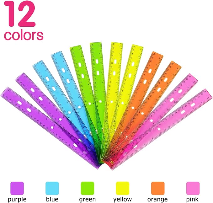 ZZTX 12 Pack Color Transparent Ruler Plastic Rulers 12 Inch | Clear plastic, Dual scale, For school home office