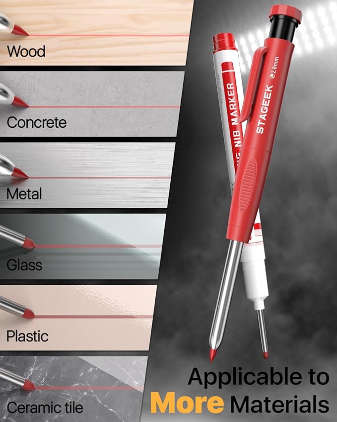 STAGEEK 2.8mm Carpenter Pencils with Sharpener, 3-Pack, Storage Case | 39 Refills, Deep Hole Long Nib Marker, Waterproof Heavy Duty Woodworking Tools for Architect Construction Electricians