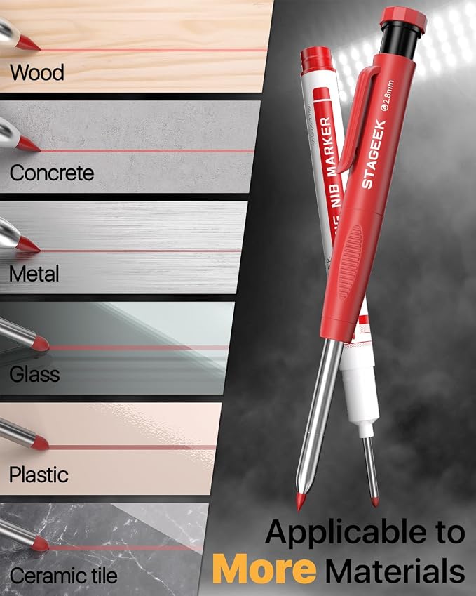 STAGEEK 4PCS Mechanical Carpenter Pencil Set, Deep Hole, Woodworking | 52 Refills, 4PCS Long Nib Marker Pens, Built-in Sharpener, Storage Case for Architect Heavy Duty Construction Marking