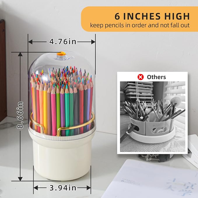 360-Degree Rotating Colored Pencil Holder with Lid, Pencil Organizer Holds 100 Long Pencils with 7 Slots for Desk, Caddy Art Supply Organizer, Multi-function Makeup Brushes Ogranizer (Ivory White)