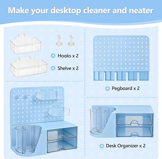 Desk Organizer with 360° Rotating Pen Holder, 5 Slots, 2 Drawers & Pegboard for Office School Art Supplies (Blue)
