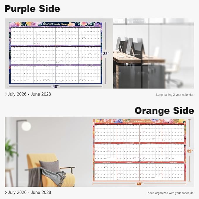 Ospelelf 2026 Wall Calendar Large 32'' x 48'' Dry Erase Calendar, Yearly Laminated Calendar Monthly Family Calendar for Office, Use July 2026 - June 2028 (Floral)