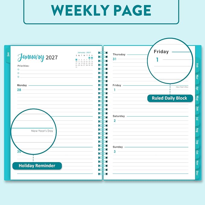 2027 Planner - Planner/Calendar 2027, Jan.2027 - Dec.2027, 8.3" x 6.25" | Tabs, 2027 Calendar Planner, Flexible Cover, A5 Thick Paper, Twin-Wire Binding, 2027 Planner Weekly and Monthly - Aqua Green,