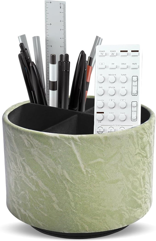Round Leather Art Supply Organizer,Remote Control Holder,360 Degree Spinning,Multi-Functional Pencil Holder,4 Compartments Desktop Stationary Organizer(1-Hill Green)