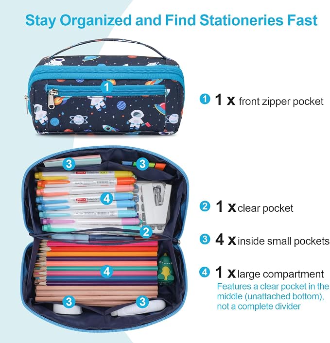Large Pencil Case for Boys - Aesthetic Pencil Pouch for School | Kids Pencil Case & Wide Handle, Water Resistent Organizer Box, Fits 50 Pens & Markers, Daily Use, Dark Blue Space Astronaut