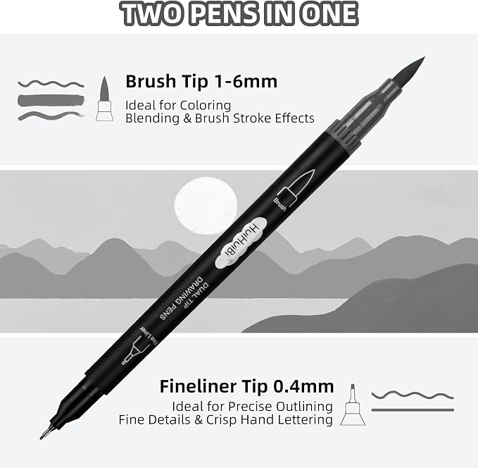 10 Pack Gray Markers for Coloring,1-6mm Dual Brush Pens with 0.4mm Fine Tip Markers,Gray Drawing Pens for Art Drawing Sketching Calligraphy