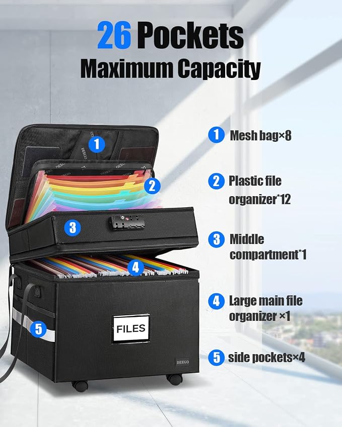 DEEGO 3 Layer Rolling File Box, Fireproof Document Box with Wheels | Multi-Layer Water-Resistant File Organizer Portable file Cabinet for Home Office for Hanging Letter/Legal Folder
