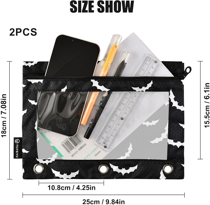Bats Halloween Goth Pencil Pouches for 3 Ring Binder 2 Pack | Binder Pencil Case With Zipper Reinforced GrommetsPencil Bags for Office Organizers