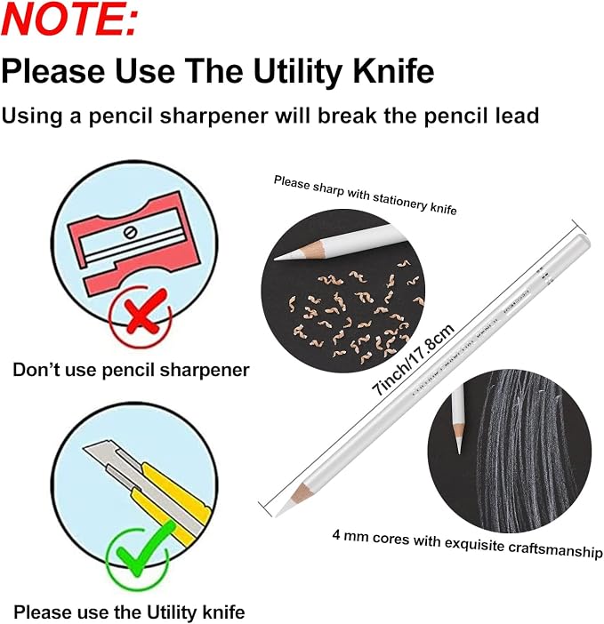 GETHPEN White Charcoal Pencils Set, High-light Sketch Chalk Pencil,6 Pieces | White Charcoal and High-light Sketch Pencils,Drawing, Sketching, Shading, Blending, White Chalk Pencils, Beginners & Artists