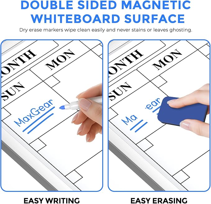 MaxGear Double Sided Magnetic Dry Erase Board Calendar, 36" x 24" | Aluminum Frame Whiteboard for Wall, Double-sided, Monthly Planner, 6 Markers & 6 Magnets included, portable for Home, Office