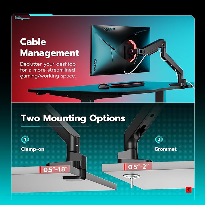 ARES WING Ultrawide Monitor Desk Arm for 17 to 49 Inch Screen, Holds 44 Lbs | Pro Gas Spring, Full Range of Motion, for 75/100 Vesa Mount, for Samsung, LG Curved/Flat Monitor, with C Clamp, Grommet Base