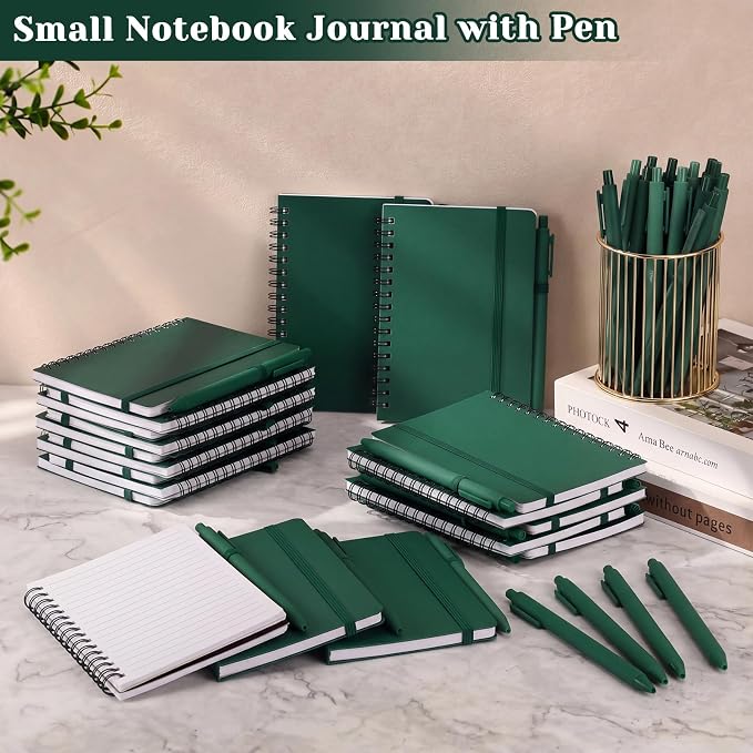 Fulmoon 10 Set Small Spiral Notebooks A6 with Pens Bulk, Multicolor 4" x 6" Pocket Notebooks Mini Lined Journals 50 Sheets for Back to School Supplies Students Rewards Office Gifts (Forest Green)