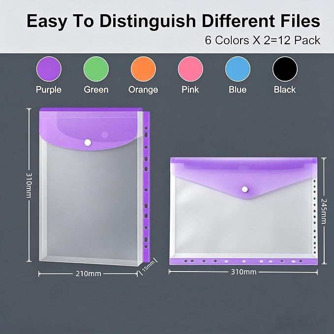 12 Pack Expandable Plastic Envelopes Binder Pocket, 11 Hole Expanding File Pockets for 2/3/4 Ring Document Pouch with Snap Button & Label, Loose-Leaf Transparent for School Home Office