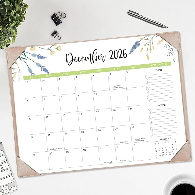 Desk Calendar 2026 with Desk Mat – 22" x 17" Large Desk Pad Calendar Runs from July 2026 to December 2027, Floral Design Desktop Calendar with To Do List, Personal Desk Calendar Planner for Home, Office