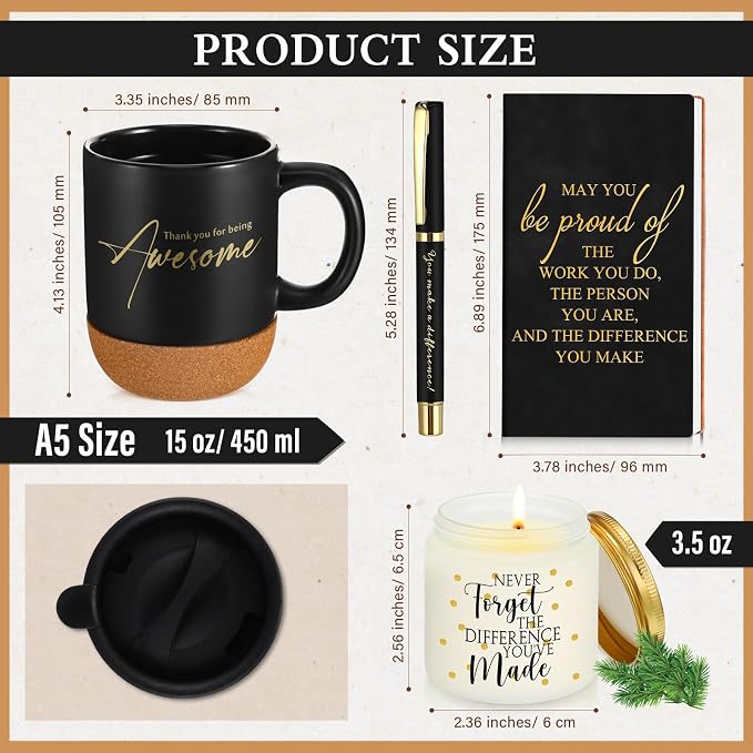 Sayglossy 4 Pcs Thank You Gifts Set for Men Back to School Teacher Appreciation Gift Leather Notebook Inspirational Coffee Mug Scented Candle Ballpoint Pen for Male Employee Coworker Nurse Boss, Black