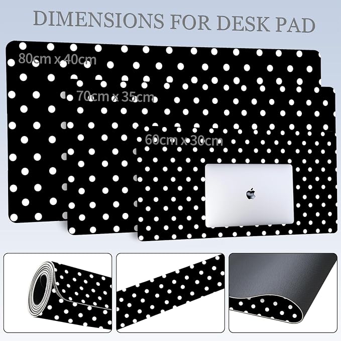 White Polka Dot Leather Desk Mat Extended Gaming Mouse Pad | Non-slip Large Writing Pad Laptop Blotter Computer Keyboard Mat | Cute Black Desk Protector for Home Office 31.5" x 15.7"