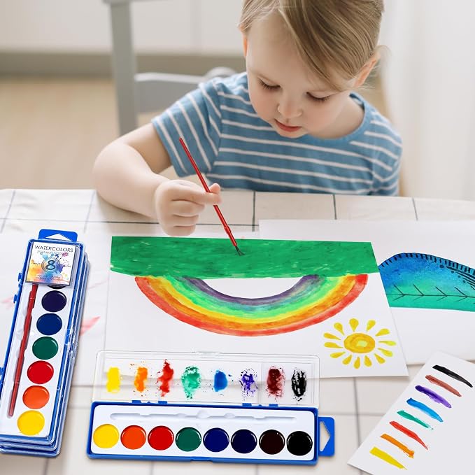 72 Pack Watercolor Paint Set, Washable Watercolor Paint Bulk for Kids, Water Color Paint with Paint Brushes, Ideal Gifts for Party Favors, School Supplies & Classroom Prizes, Art Activities, 8 Colors