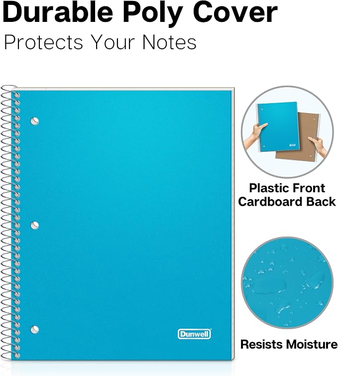 Dunwell College Ruled Spiral Notebook, (3-Pack, Red, Blue, Black) 1 Subject Notebook 8.5 x 11, Plastic Covers, Poly Pocket Dividers, 100 Sheets (200 Pages), 3-Hole Punched Perforated Paper