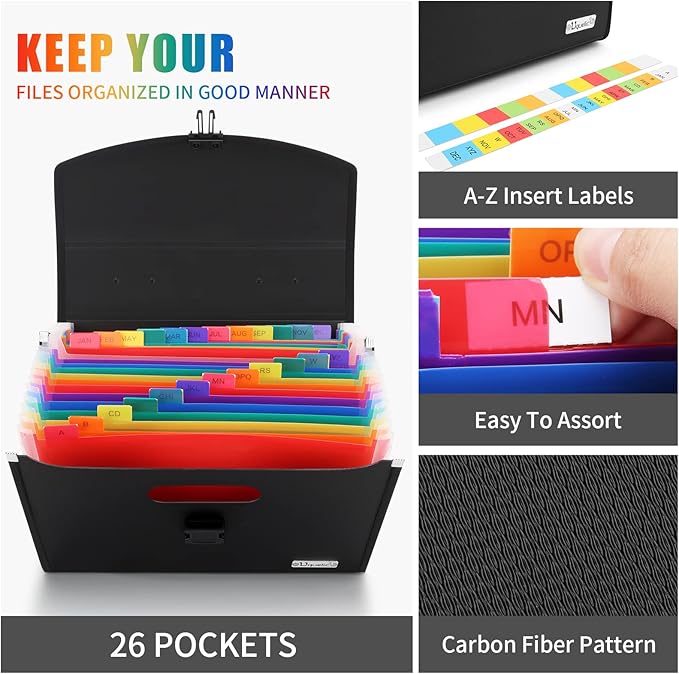 Uquelic 26 Pockets Expanding File Folder - Accordion Savor Document Organizer Folio Upgraded Durable Buckle, Base with Ergonomic Portable Handle/Large A4 Letter Size Expandable File Organizer