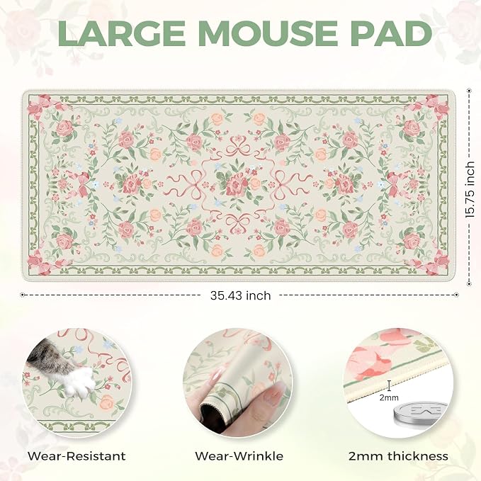 iCasso Green Desk Mat,Cute Desk Pad for Keyboard and Mouse,Anti-Slip Large Gaming Computer Mat XXL,Soft Lycra Surface Laptop Pad Women,Aesthetic Girly Desk Cover Protector for Home Office