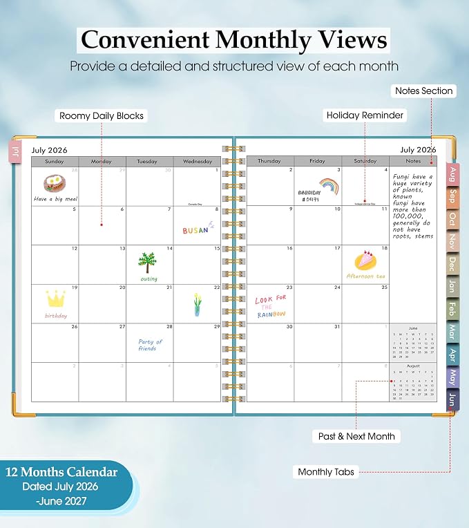 Academic Planner 2026-2027, Hardcover Leather Weekly and Monthly Calendar Planner from July 2026 - June 2027, A5 6.1" x 8.2" Daily Agenda with Tabs, College School Organizer for Student Teacher, Pacific Green