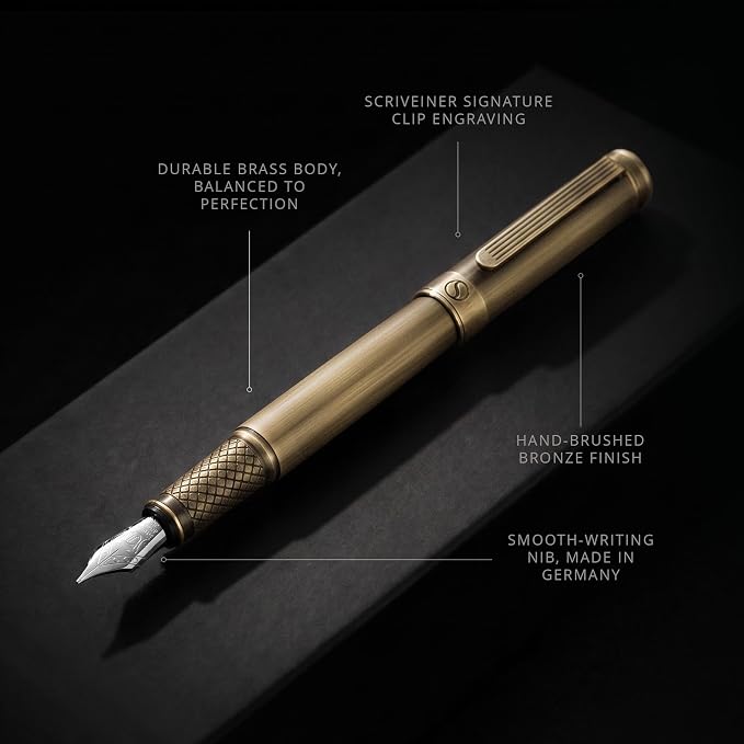 Scriveiner Luxury Fountain Pen - Stunning Bronze Luxury Pen, Schmidt Gilded Nib (Medium), Converter, Best Pen Gift Set for Men & Women, Professional, Executive, Office, Nice Pens