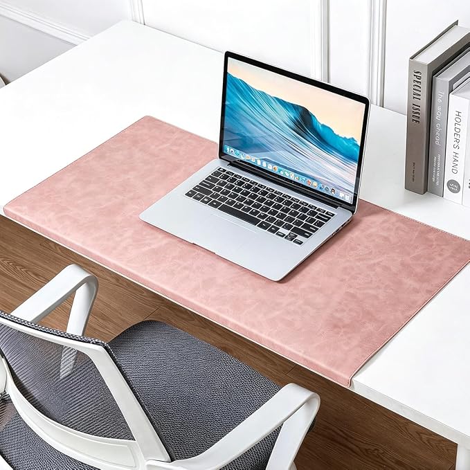 Edge-Locked Non-Slip Large Desk Pad with Edge Protector, Leather Office Laptop Mouse Mat Extended Table Protector, Desk Blotter for Writing Game Work Typing (Pink,23.6"x11.8")