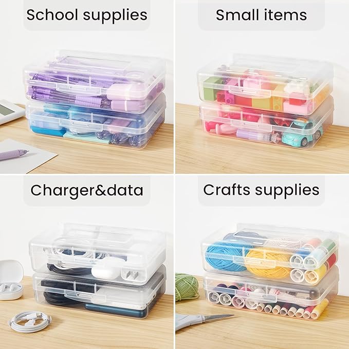 Sooez Plastic Pencil Case Box 6 Pack, Colored Large Craft Storage Bulk, Plastic Containers with Snap-tight Lids, Hobby Art School Supply 0rganizer, Marker Bead Pen Bins Organizer,Stackable