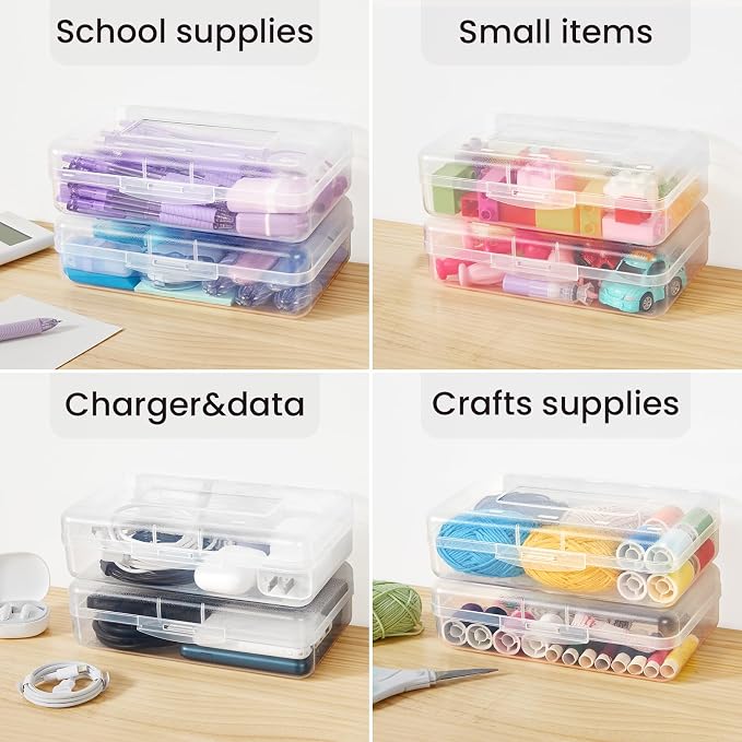 Sooez Plastic Pencil Case Box 6 Pack, Large Craft Storage Boxes Bulk, Plastic Containers with Snap-tight Lids, Hobby Art School Supply 0rganizer, Marker Bead Pen Bins Organizer,Stackable, Multicolor